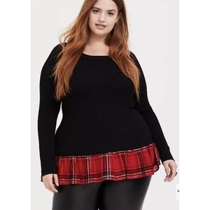 Torrid BLACK RIB & RED PLAID 2FER HI-LO SWEATER size 0